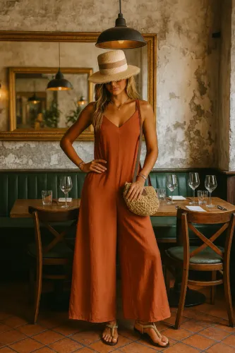 Macacão Longo Pantalona Alças Finas Feminino Verão Laranja Terracota