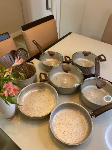 Conjunto Panelas Antiaderente 10 Peças Tampas Vidro Coffe