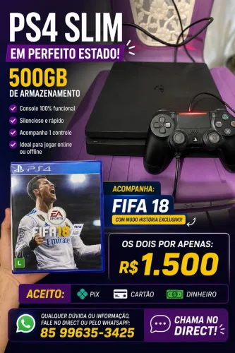 PS4 SLIM (500GB) + FIFA 18 (COM MODO HISTÓRIA EXCLUSIVO)