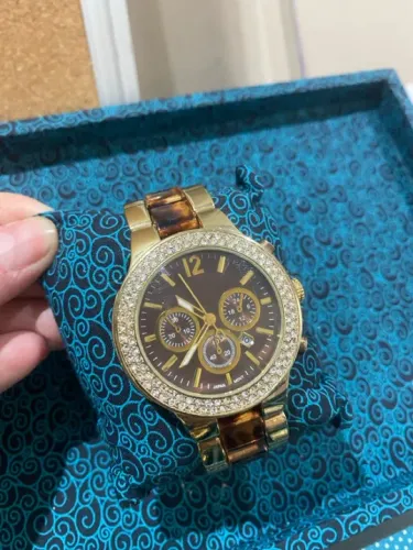 Relógio feminino aço inoxidável com strass e cronógrafo