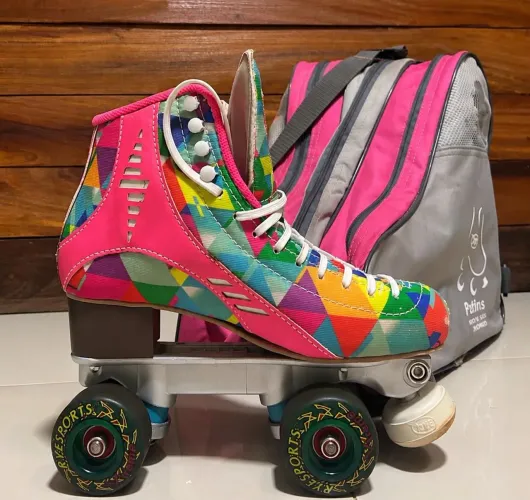 Patins Quad 4 Rodas Cano Alto Rosa Colorido + Bolsa