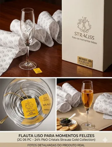 Jogo 6 Taças Flauta Cristal Strauss Gold Collection - Novo