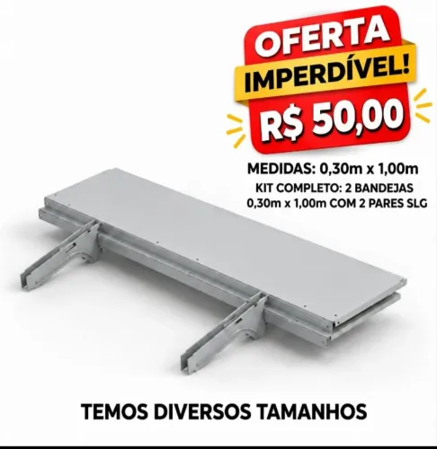Kit 2 Bandejas Aço 0,30m x 1,00m p/ Gôndolas + 2 Pares SLG - R$ 50,00