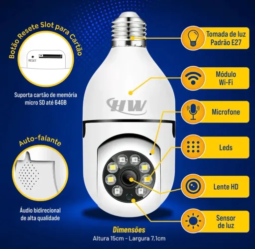 Câmera de Segurança IP Wi-Fi Lâmpada E27 HW 360° Full HD com Visão Noturna e Áudio - HW