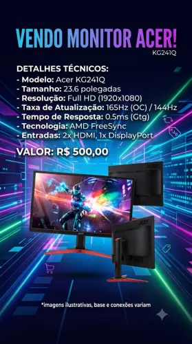 Monitor Gamer Acer KG241Q 23.6" Full HD 144Hz 1ms