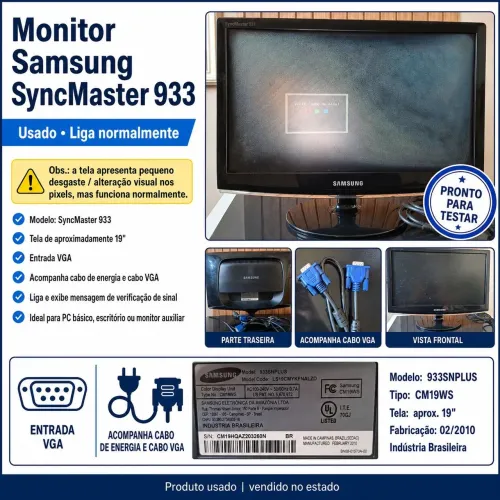 Monitor Samsung SyncMaster 933 19" | Liga | Com defeito na tela | VGA