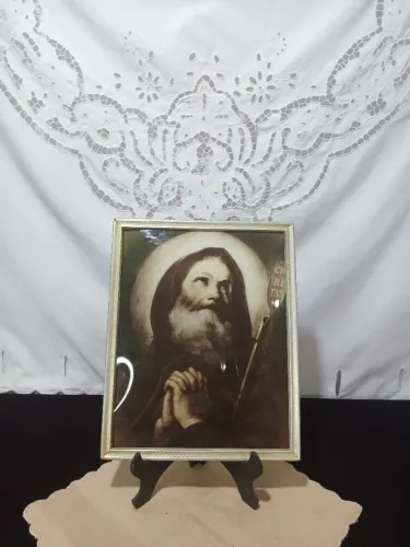 Antigo Quadro Religioso Gravura Do Santo Antão Vidro Bombe