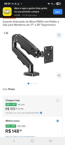 Suporte Articulado de Mesa F80N com Pistão a Gás para Monitores de 17'' a 35'' Ergonômico<br>