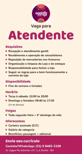 Vaga de Atendente Oggi Sorvetes