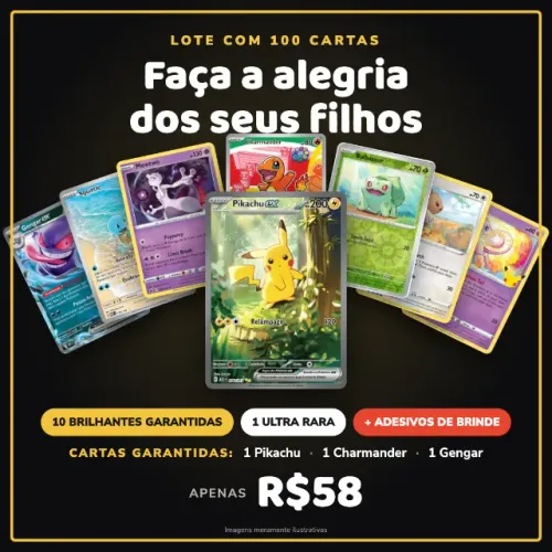 100 Cartas Pokémon Com 1 Rara, Pikachu, Charmander E Gengar garantidos