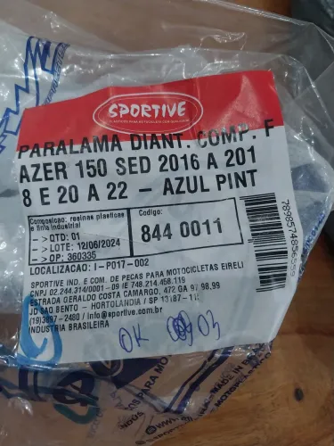 Vendo paralama dianteiro fazer 150 sed 2016 a 2018 e 2020 a  2022 azul 