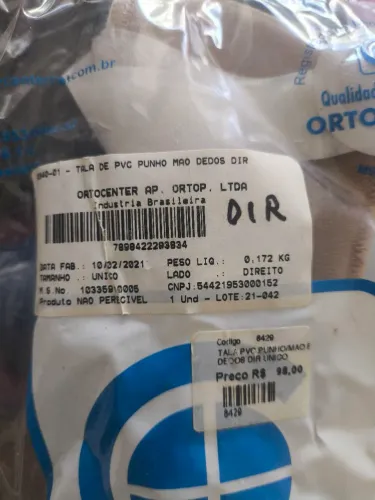 Tala De PVC Punho Mão Dedos Ortocenter Lado Direito (Nunca Usada)