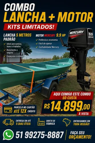 Combo barco de fibra 5 mt + motor 9.9 hp mercury