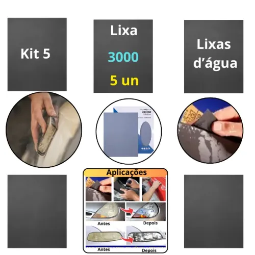 Lixas 3000 D'água Kit 5 Folhas Polimento Farol Pintura Metal Acabamento Pintura Automotiva