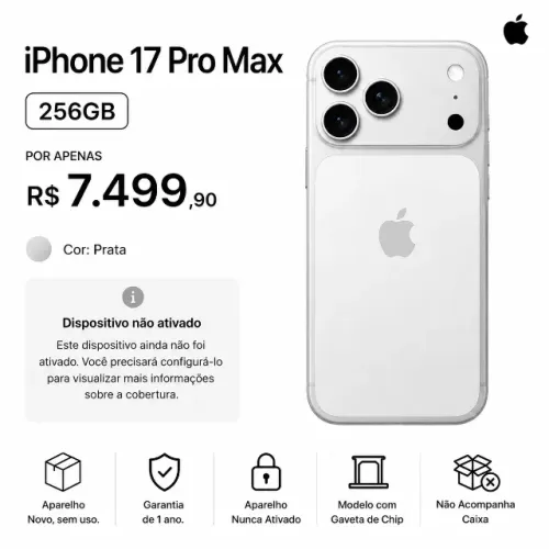 Apple Iphone 17 Pro Max 256GB Prata Open Box Novo 1 Ano de Garantia