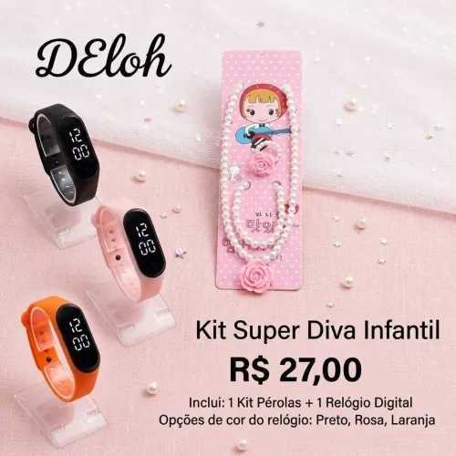Kit super diva infantil relógio+ kit colar