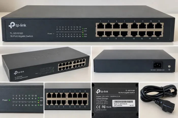 Confirmado pela foto: TP-Link TL-SG1016D ? Switch Gigabit de 16 portas (10/100/1000 Mbps).
