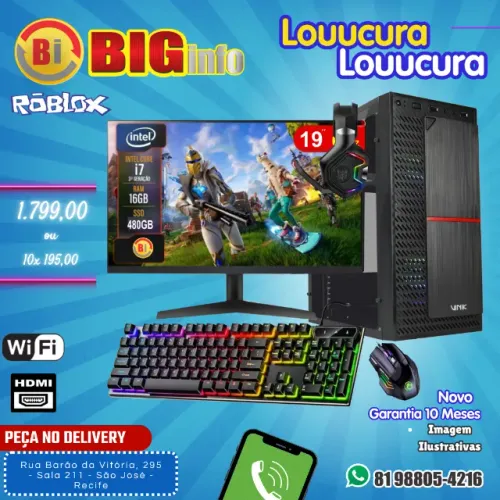 Computador Completo BIG Top Intel Core I7, 16gb Ram, SSD 480gb, Bivolt, Monitor 19 LED