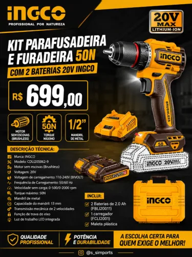 Kit Parafusadeira E Furadeira 50n Com 2 Baterias 20v Ingco