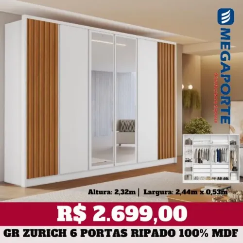Guarda Roupa Casal 100% MDF 6 Portas Ripado com Espelho (NOVO) Entrega Grátis!