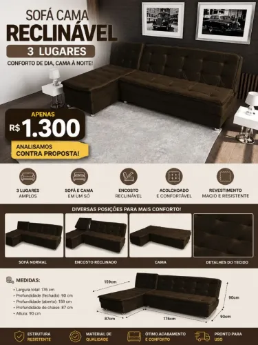 Sofá Cama Reclinavel 3 lugares