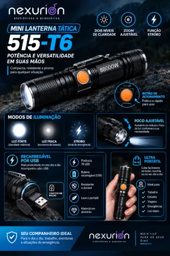 Mini Lanterna Tática 515-T6 LED Recarregável USB Potente Compacta