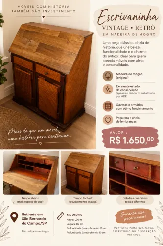 Relíquia Vintage em Mogno | Escrivaninha Antiga Conservada, Clássica, Funcional e Charmosa