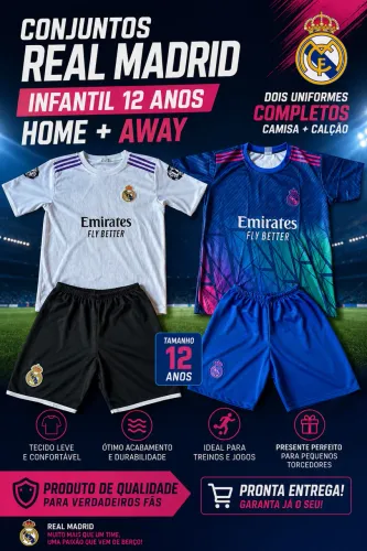 2 Conjuntos Infantil Real Madrid Tam. 12 - Home + Away - Camisa e Calção