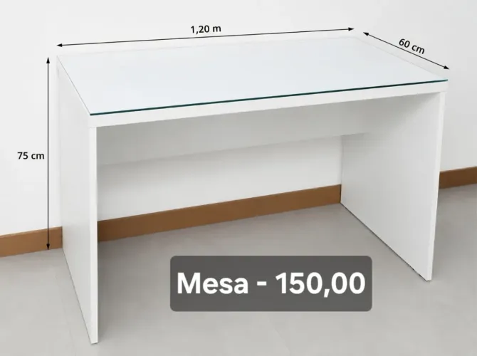 Mesa branca MDF - com tampo de vidro
