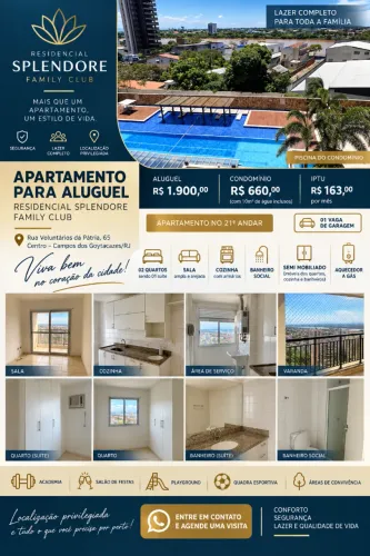 Apartamento 2 quartos sendo 01 suíte - Splendore Family Club - Centro Campos/RJ