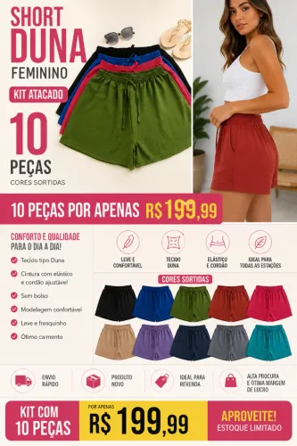 SHORT FEMININO DUNA - KIT ATACADO COM 10 PEÇAS | CORES SORTIDAS