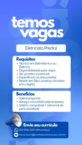 Vagas para Eletricista Predial/Industrial
