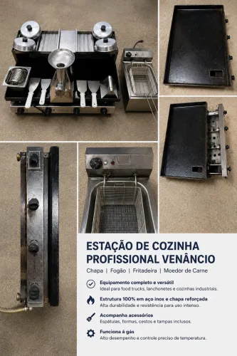 Estação de Cozinha Industrial Venâncio Completa - Chapa + Fritadeira + Moedor