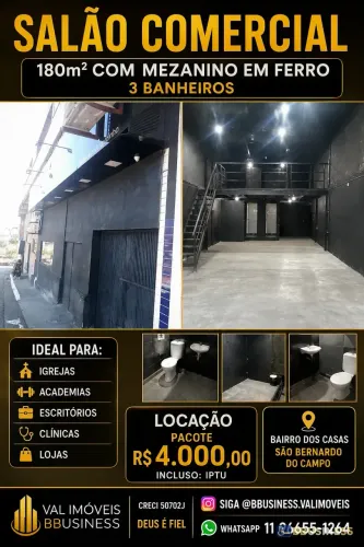 GALPÃO / SALÃO 180M² 3 BANHEIROS para locação, Dos Casa, São Bernardo do Campo, SP
