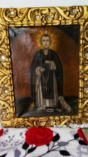 Quadro Sacro Cusquenho "São Martinho de Porres" com Moldura Entalhada (54x41cm)