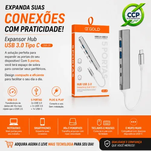 Adaptador Multiporta Expansor USB Hub, USB Type C com 5 Portas USB 3.0