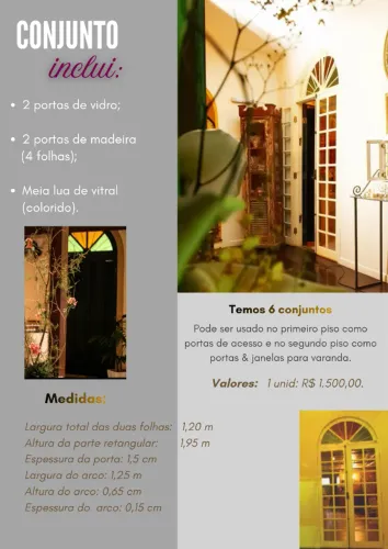 conjunto de porta/janela de madeira maciça e vidro com arco de vitral colorido