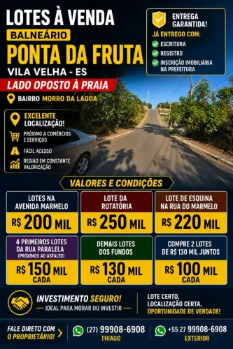 <br>PONTA DA FRUTA, LOTES NO LITORAL DE VILA VELHA, PARTIR DE R$ 130 MIL, 2 POR R$ 200 MIL<br>