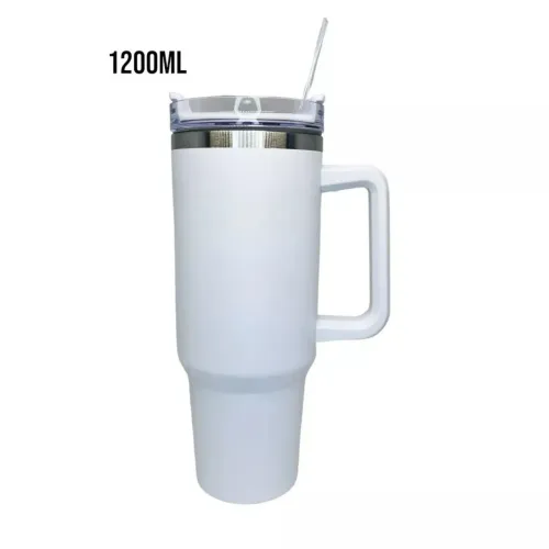 Copo Térmico Inoxidável 1200ml Branco Com Canudo Tampa Alça Bebidas Café Água