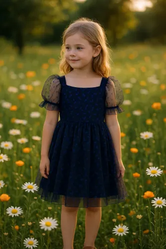 Vestido infantil de tule, azul com borboletas -NOVO