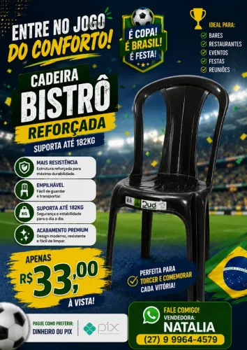 CADEIRA PLÁSTICA MODELO BISTRÔ 182 KG PRETA- MARCA DUO