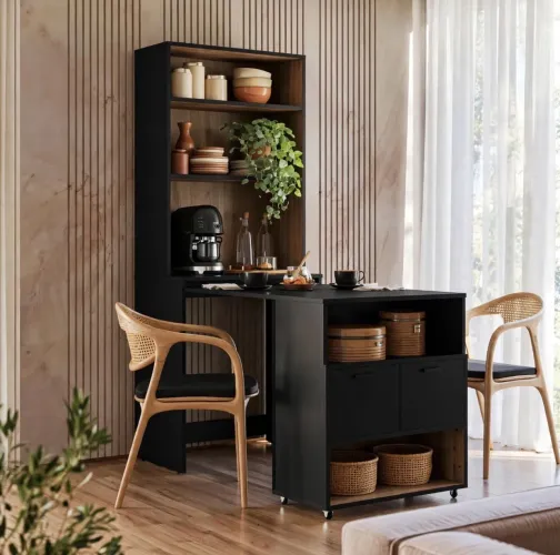 ARMÁRIO MULTIUSO COM MESA RETRÁTIL DUO - BLACK / BLACK - 2 PORTAS