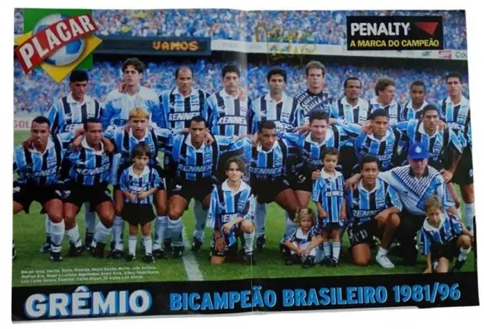 Pôster Grêmio campeão 96 autografado por Mauro Galvão