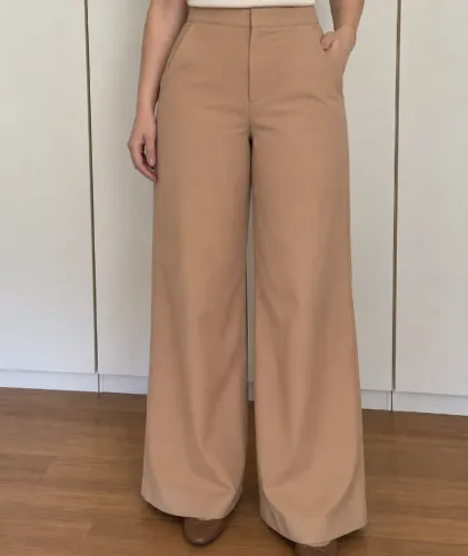 Calça Social Wide Leg Cintura Alta Bege