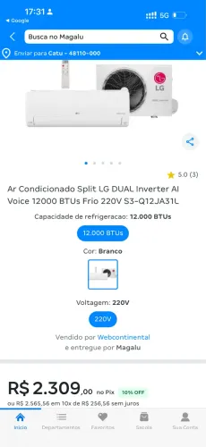 Produto: Ar-Condicionado Split LG Dual Inverter Voice S3- Q12JA31KFrio 12.000 BTUs - 220V