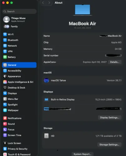 Macbook Air 15' 2024 M3 24GB 2TB SSD na garantia (AppleCare+)