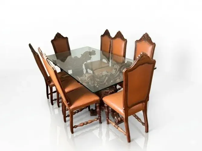 Mesa de jantar madeira entalhada tampo de vidro