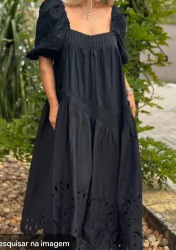 Vestido FARM realeza bordado richelieu preto