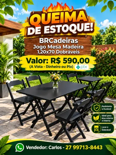 Jogo Mesa Madeira 1,20x70 c/ 4 Cadeiras Dobraveis e envernizadas