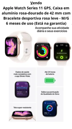 Apple Watch Series 11 GPS, Caixa em alumínio de 42 mm com Bracelete rosa leve - M/G